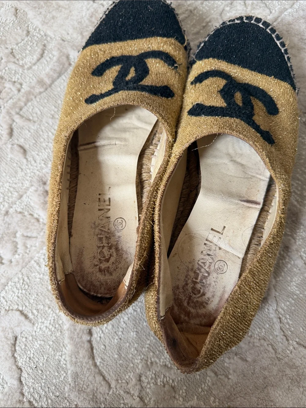 CHANEL Gold and Black Logo Espadrilles